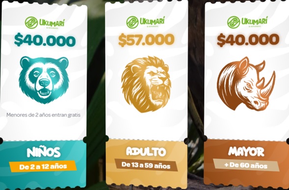 tarifas-bioparque-ukumari - Hoteles en el Eje Cafetero Alquiler Fincas Quindio Ukumari admission banners: kids 2–12 price .000; adults 13–59 .000; seniors 60+ .000, with bear, lion, rhino icons.